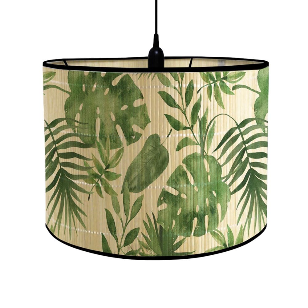 FANSU Round Drum Light Shade for Table Lamp, Modern Vintage Green Plant Pattern Pendant Lampshades Easy Fit for Living Rooms, Bedroom, Hallways, Reading Room (Palm Leaf)