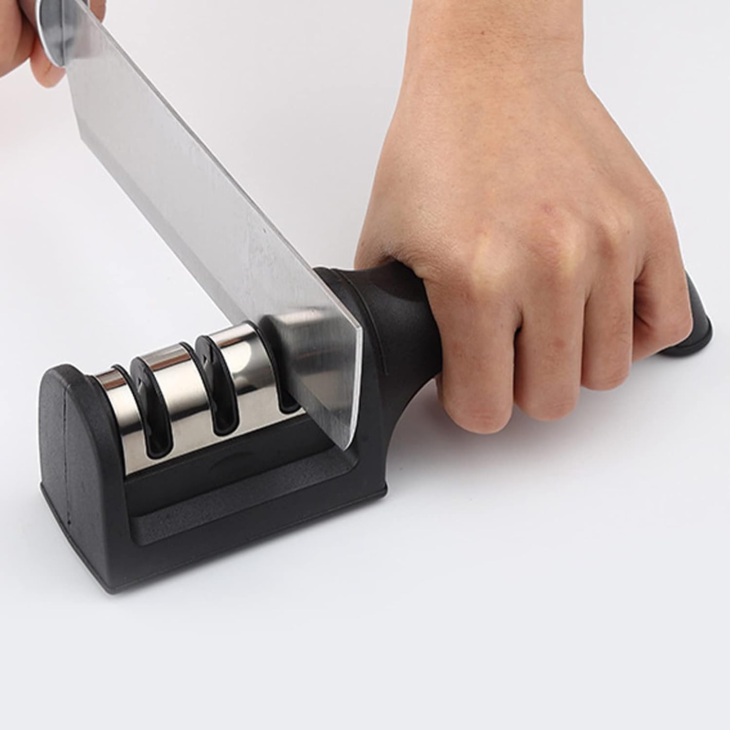 – Knife Sharpener UK Kitchen 3 Stages in 1 Manual Knife Sharpener Non-Slip - Black & Silver for Home and Professional Chefs by Envenzo