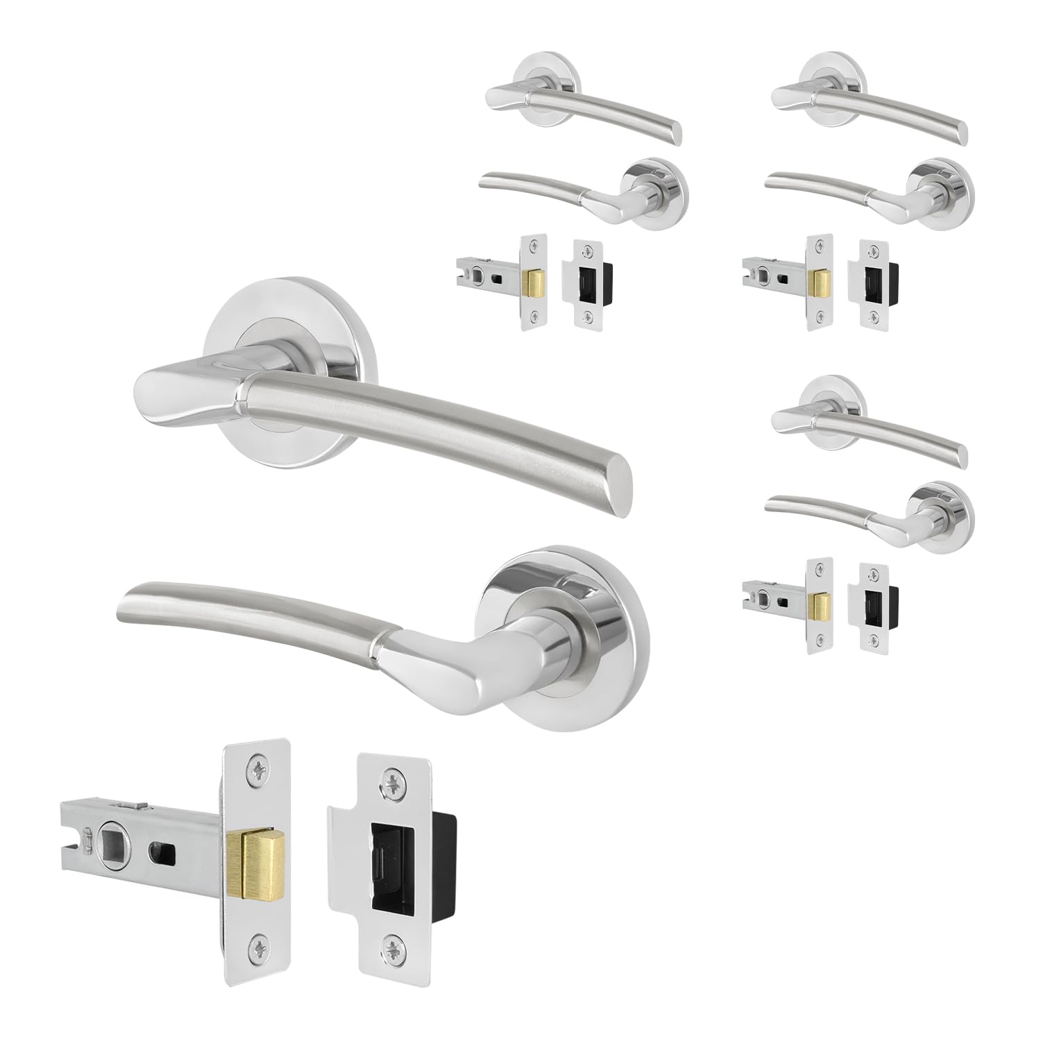 Eai Silver Chrome Door Handle Latch Set, 4 Pairs Internal Round Rose Polished Chrome And Satin Nickel Handles, Latches 64Mm - Bova