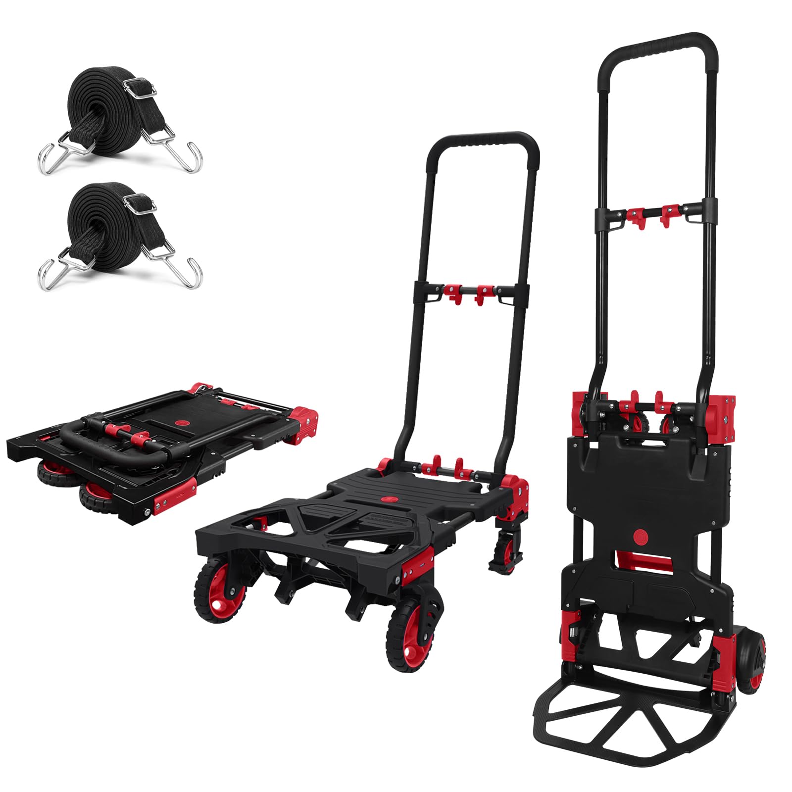 Folding Hand Truck 330lbs Capacity Heavy Duty Dolly Cart with 2 Elastic Bungee Rope,4 Rubber Wheels,Retractable Handle,Convertible Portable Cart Luggage,Travel,Moving,Shopping,Office Use.