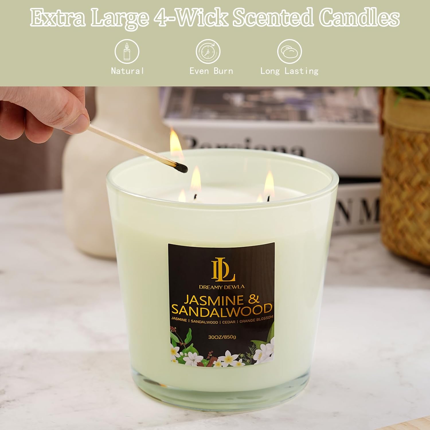 Large Candle Jasmine & Sandalwood Scented, 4 Wick Natural Soy Candles for Home Scented, 30oz Big Candle Long Lasting, Home Aromatherapy Candles Housewarming Valentine's Day Gift for Women Men - Image 4