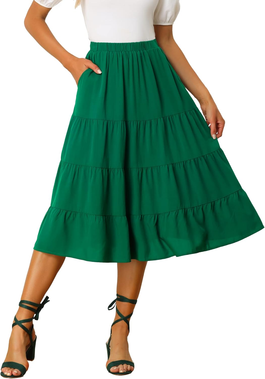 Allegra K Women's Midi Skirts Flare Tiered Pleated Boho Solid Elastic Waist Long A-Line Skirt with Pockets