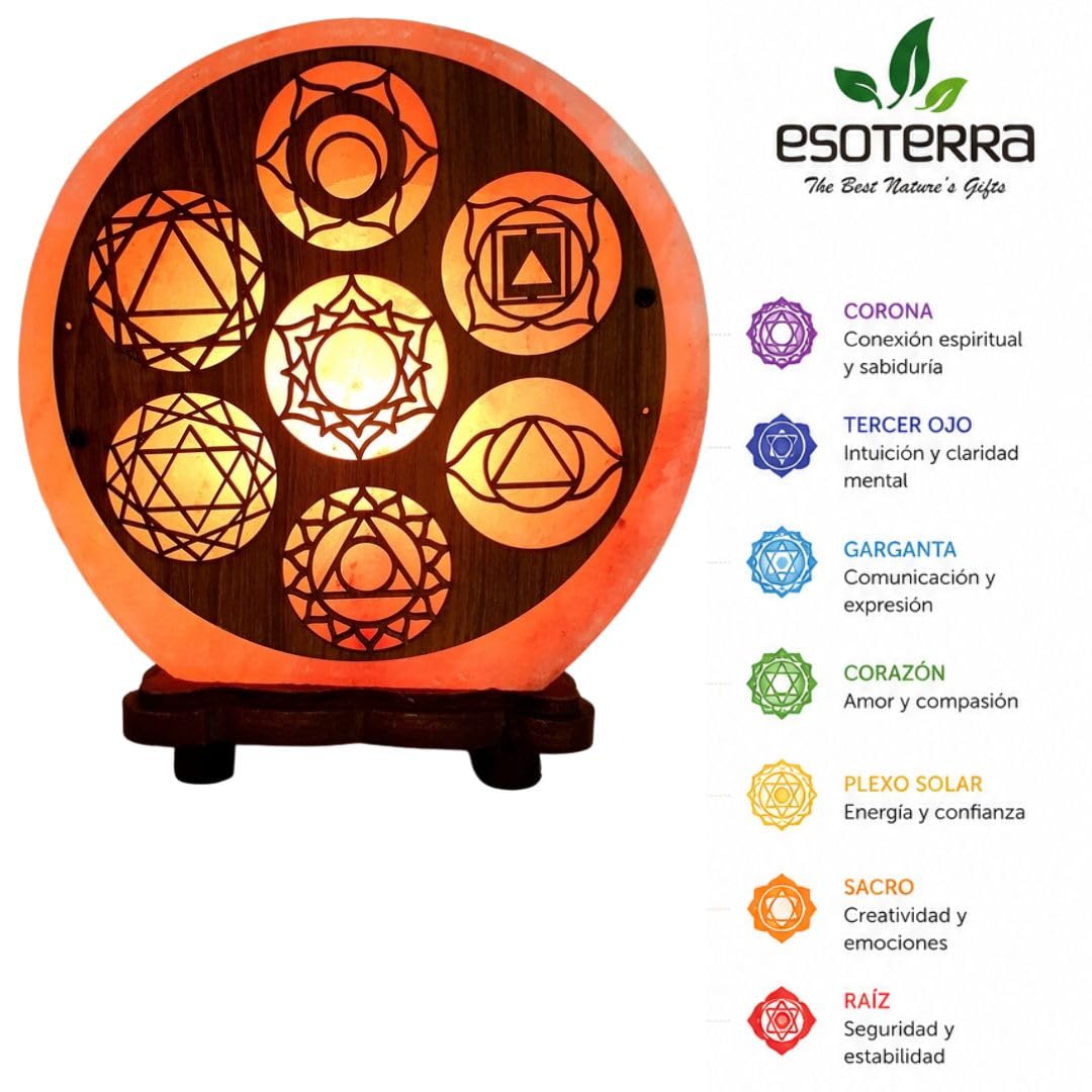 BOEMY Lámpara de Sal del Himalaya 7 Chakras 5 kg Aproximados | Luz Relajante y Decorativa | Base de Madera Natural | Bienestar y Armonía para Hogar, Yoga y Meditación