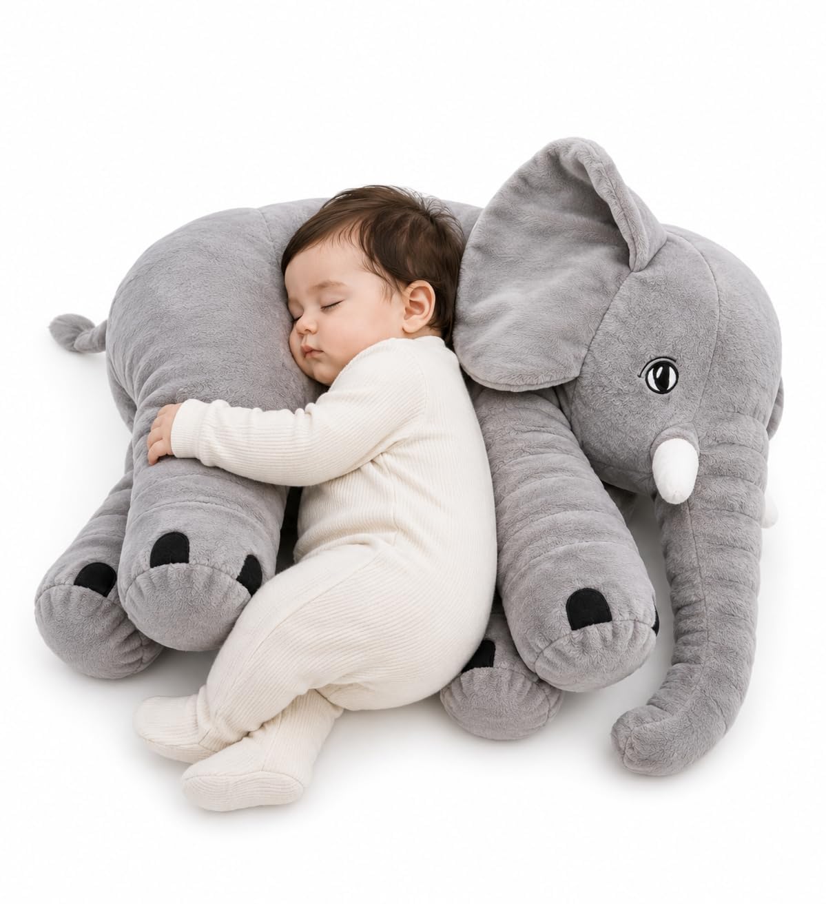Giant Elephant Plush Toy for Babies - 45cm Soft Stuffed Animal Pillow, Cute Sitting Elephant Plushie for Toddlers, Newborn Nursery Decor, Sleep Companion & Birthday Gift for Kids (Grey)-image-12