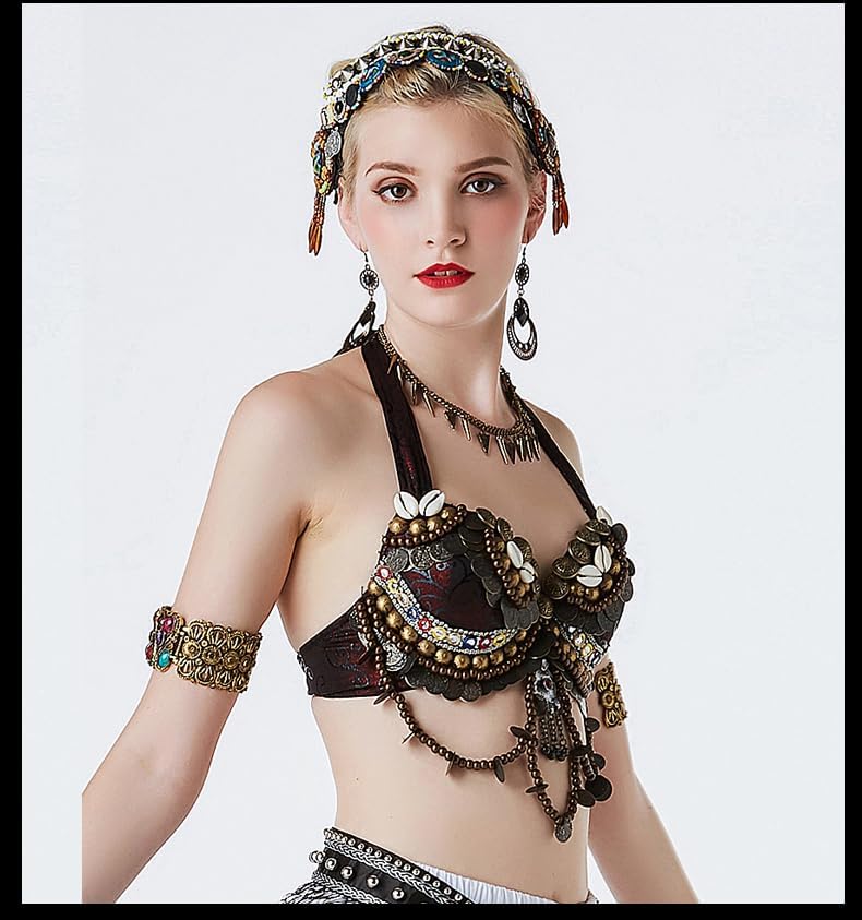 Belly Dance Tribal Bra Top Costume with Shell Embellishments, Beaded Chains, Halter Neck, Handmade Jewelry Decor