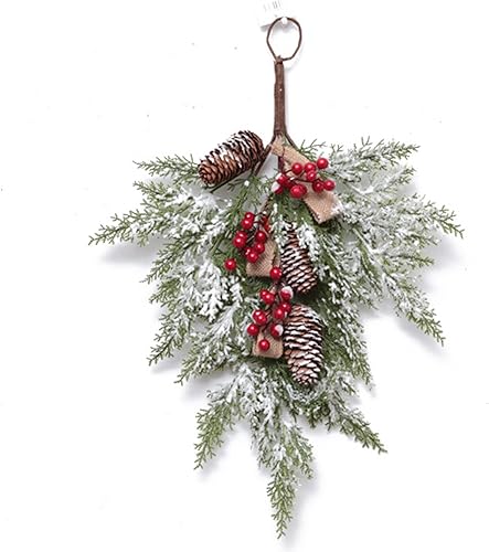 Guirnalda de ramas de pino artificial de Navidad, guirnalda de lágrima flocada nevada con cono de pino, bayas rojas y verdes, guirnalda de Navidad