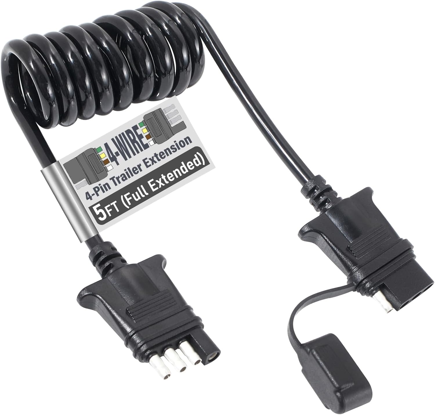 MECMO 5ft Trailer 4 Pin Flat Wire Extension Coiled Cable, Vehicle-Side and Trailer-Side 4 Way Connector Trailer Wiring Harness Adapter, Male and Female 4 Prong Trailer Light Extender - 5 Feet 60 Inch