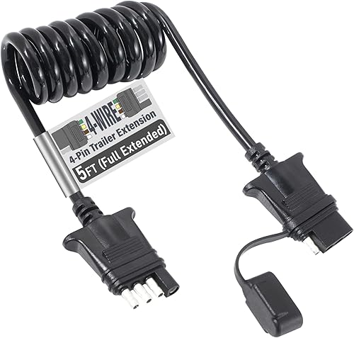 MECMO Extensión de cable plano de 4 vías para remolque, cable en espiral elástico de 5 pies y 60 pulgadas, adaptador en espiral de remolque macho y