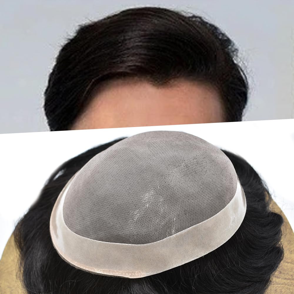 LHC Fine Mono Mens Toupee Hairpiece Poly Skin Around Human Hair Replacement Monofilament Wig for Men (7''x10'' 120% Light Medium Density, 1B# Natural Black)
