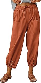 Womens Linen Pants Drawstring Wide Leg Capri Palazzo...