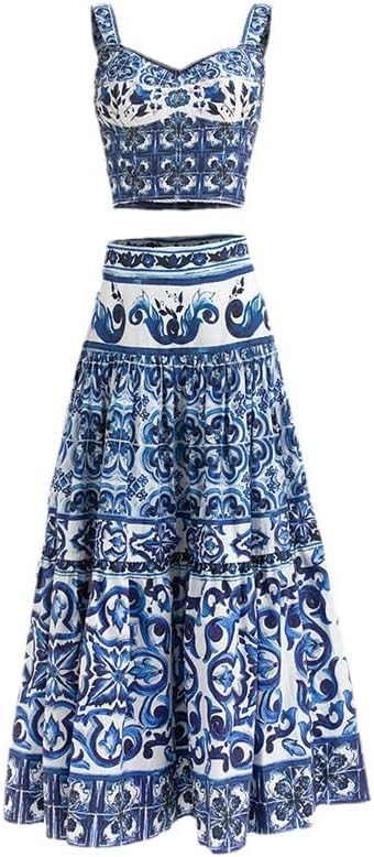 Summer Skirts Suit Women Short Camis Corset Top＋Blue and White Porcelain Print Vacation Skirts 2 Pieces Set