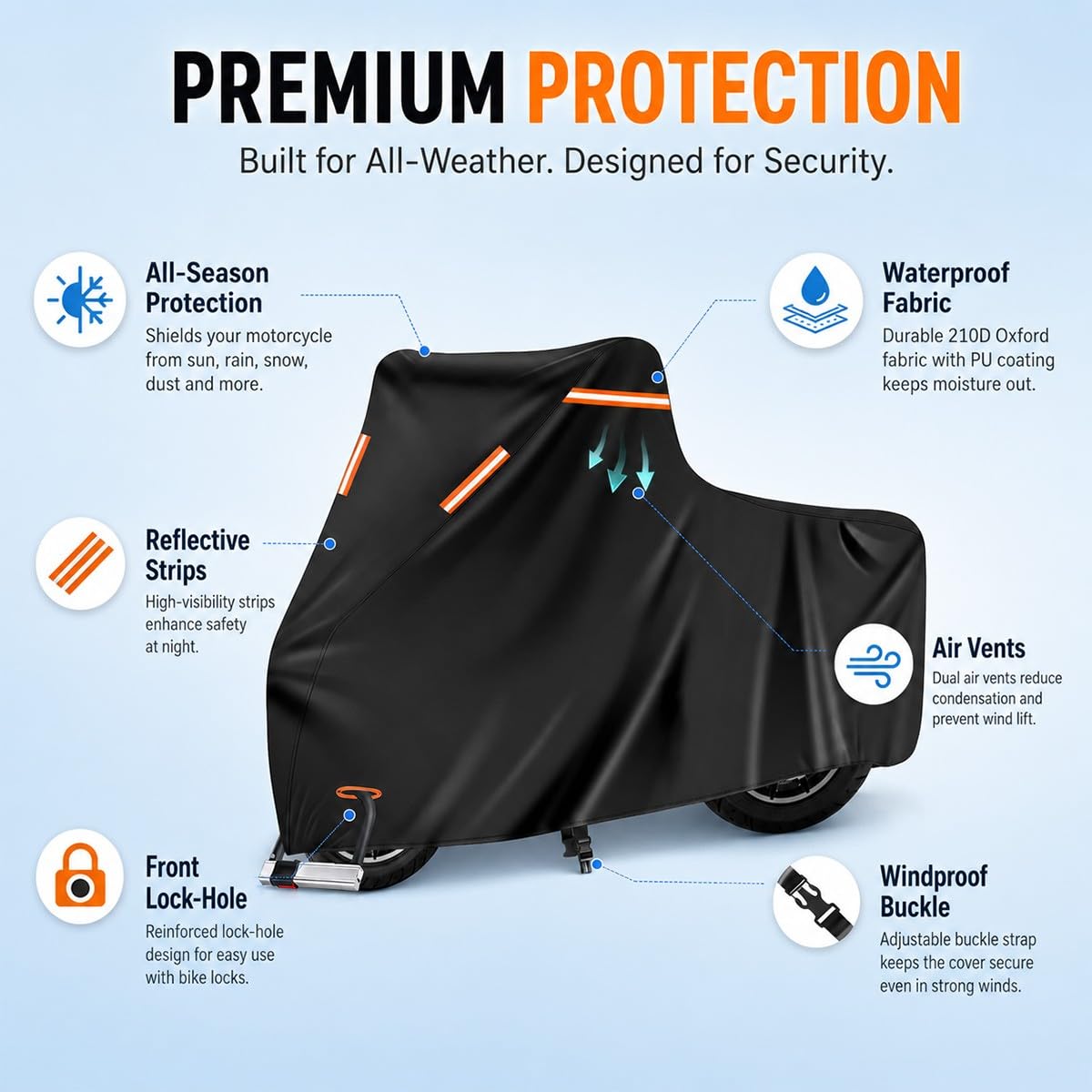 Funda Moto Impermeable Exterior Todas Las Estaciones, Cubierta de Moto Oxford con Orificio Antirrobo, Hebilla Cortaviento, Ventilación, Tiras Reflectantes y Bolsa
