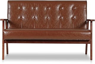 JIASTING Mid Century Modern Loveseat Sofa with Wooden Arms Leather Office Couch 2-Seat Wood Love Seat Lounge Armchair Living Room Bedroom, Waiting Room Sofa, 50”W (Leather, Brown Loveseat N)