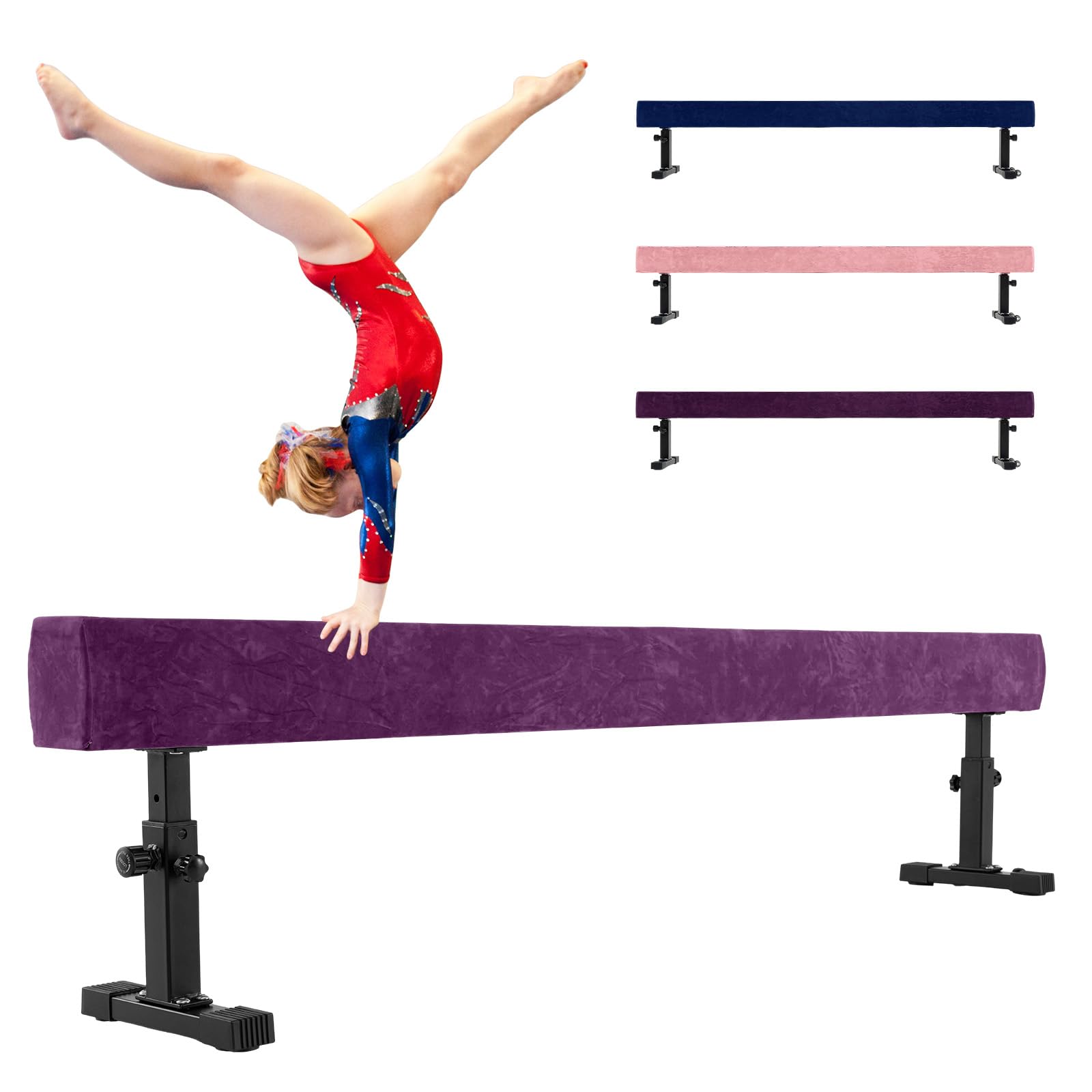 COSTWAY 226 cm Schwebebalken mit 3 Höhen verstellbar, Gymnastikbalken, Heimtrainingsgerät mit robusten Metallbeinen & Rädern, Balancierbalken für Anfänger und Profis (Lila)