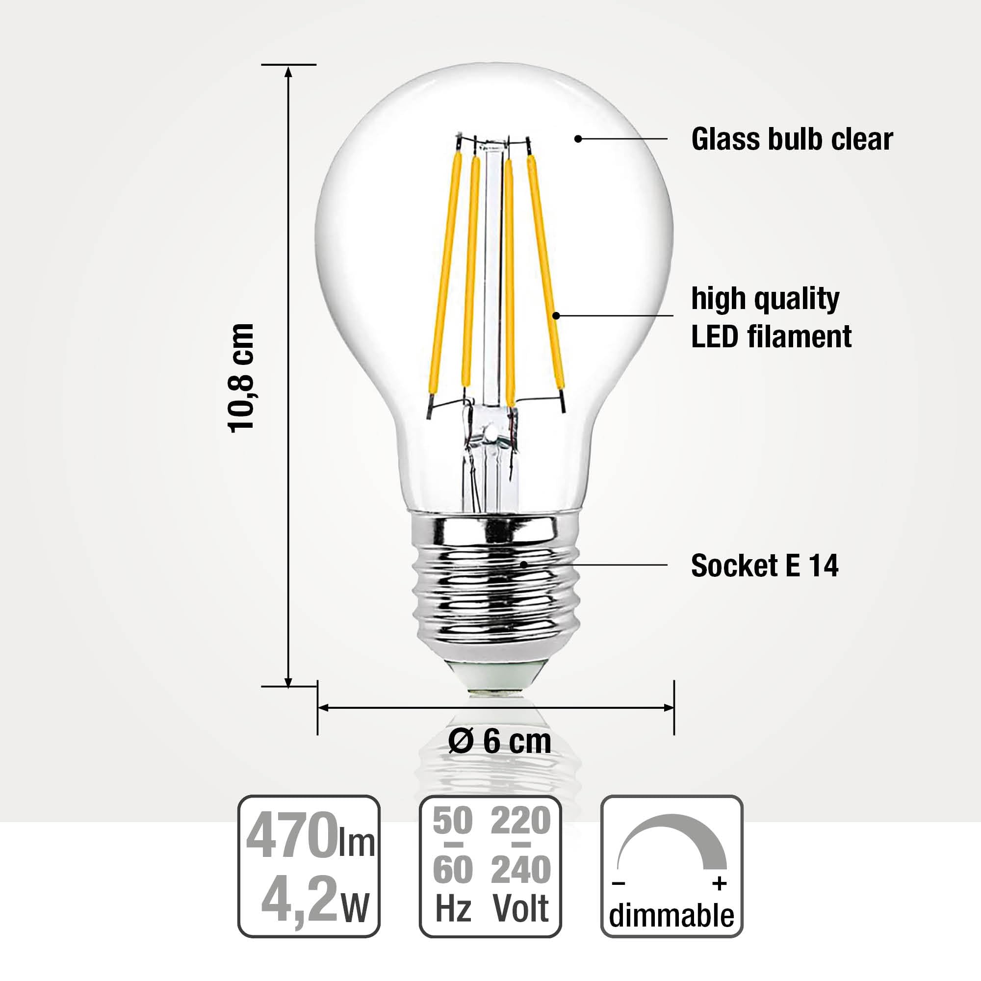 Hellum Lampadina Filamento LED, Dimmerabile LED, 10 pezzi, 5W equivalenti a 40W, con attacco E27, 470 lumen, Luce bianca calda 2700K, Forma a Lampadina A60, vetro transparente, senza sfarfallio 206500
