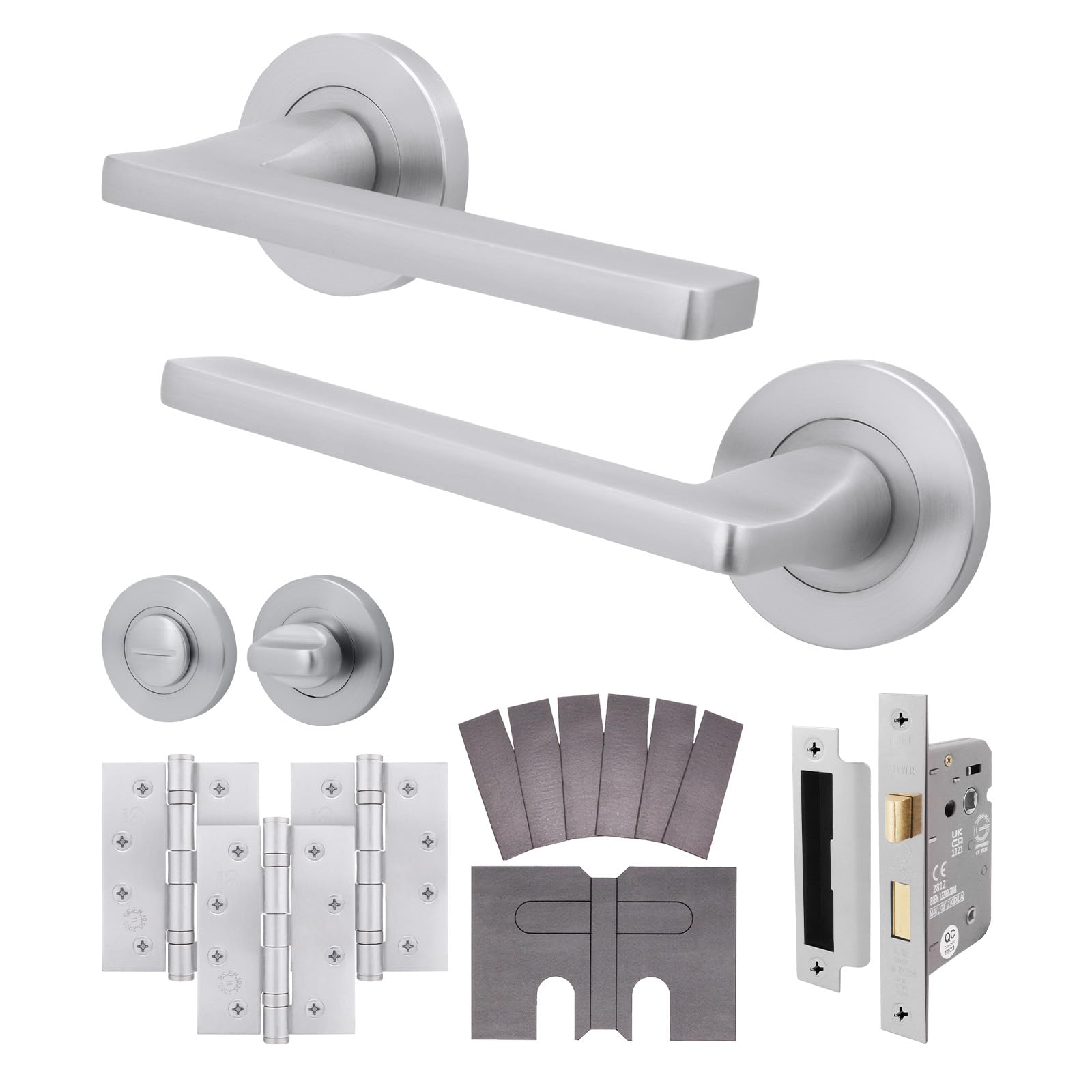 Eai Satin Chrome Satin Fire Door Handle Bathroom Set, Internal Fire Rated Door Handle With 80Mm Lock And 102Mm Hinges - 1 Pack Elcot Range