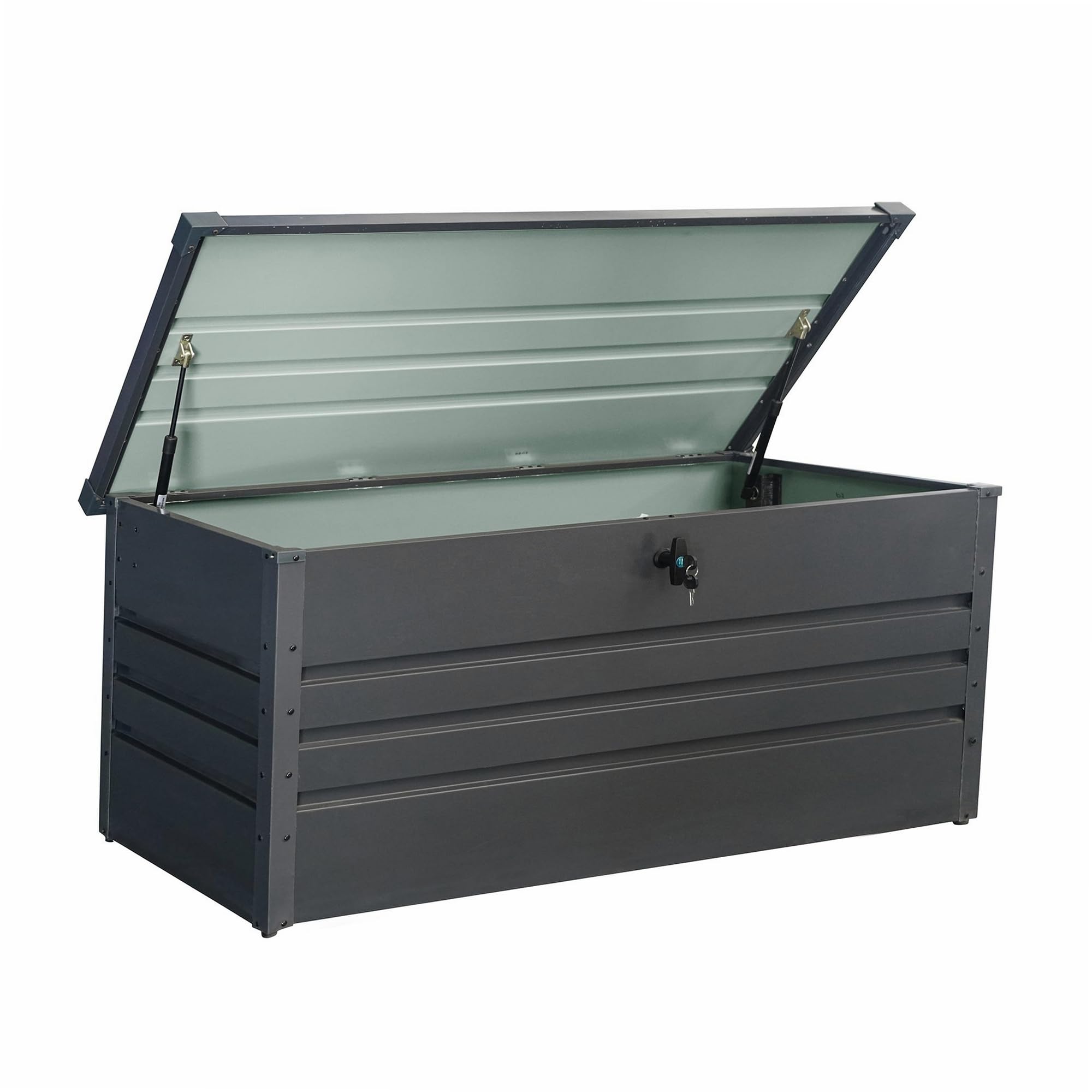 WERKA PRO Coffre de Rangement de Jardin en métal 600 litres | Acier peint 0,4 mm, 2 vérins à gaz, verrouillable 2 clés, jardin, terrasse, outils, coussins