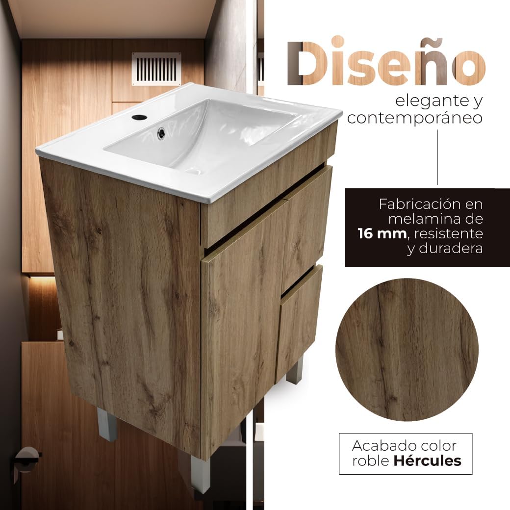 Juego Mueble Baño con Lavabo. Mueble Lavabo 60 cm. Mueble Bajo Lavabo Compacto Preinstalado de Fábrica. Mueble Baño con Lavabo 60 cm con Pie de Porcelana. No Incluye Espejo.