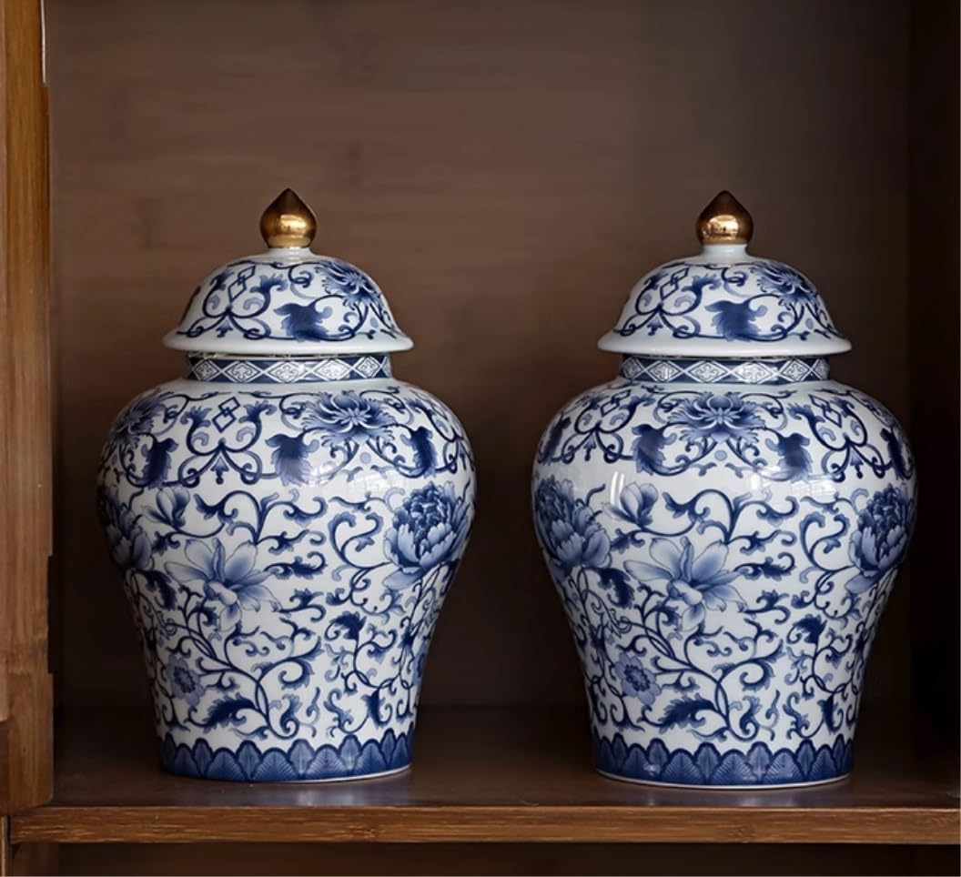 Chiński ceramiczny wazon imbirowy z pokrywką - dekoracyjny porcelanowy kwiatowy słoik do przechowywania ze złotym emaliowanym wykończeniem
