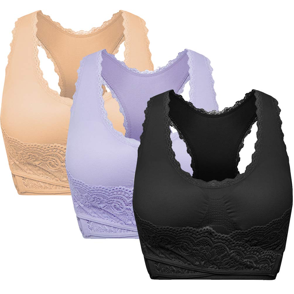Women's Racerback Sports Bras Padded Front Cross Side Buckle Wireless Lace Bra Yoga Workout Activewear