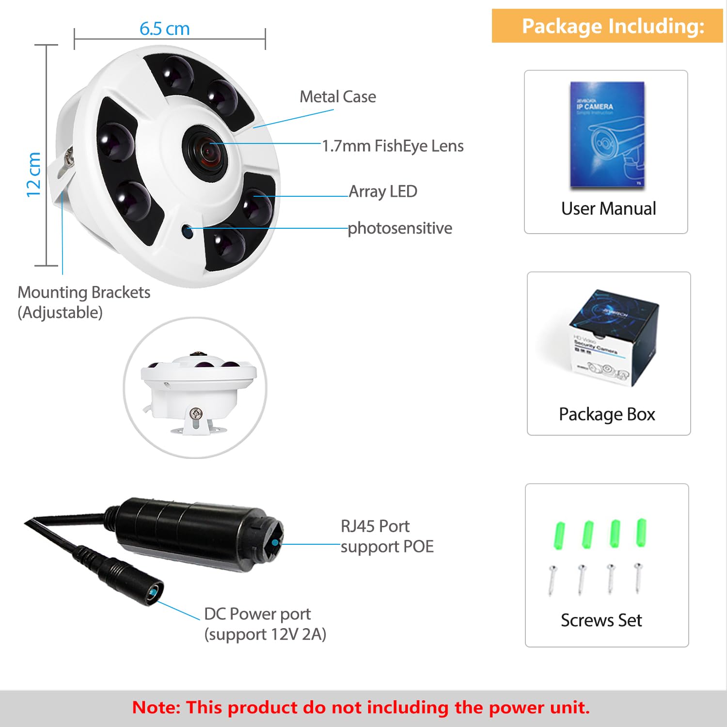 5MP HD Fisheye POE IP Camera,Telecamera sicurezza Indoor CCTV Obiettivo 1,7mm 180° 6 Array LED IR Visione notturna P2P H.265 Rilevamento del movimento Telecamera (IF02-P-HS Bianco)