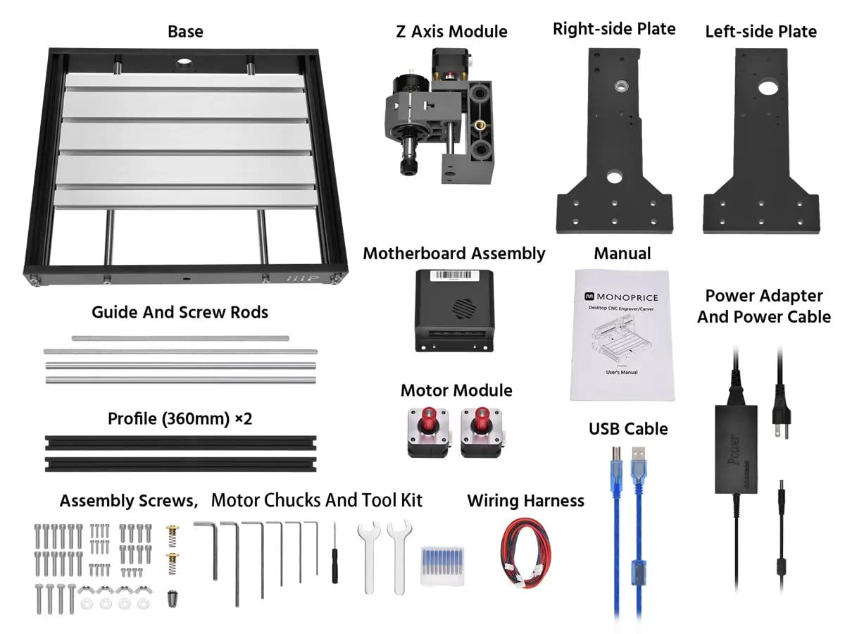 Monoprice Kit de fresadora CNC de sobremesa, grabado y fresado de 3 ejes, grabado o molino de materias primas como metales blandos, madera, plástico, acrílico, PVC y PCB para crear productos