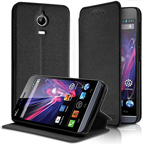 Seluxion - Housse Coque Etui à Rabat latéral Fonction Support Couleur Noir pour Wiko Wax + Film de Protection