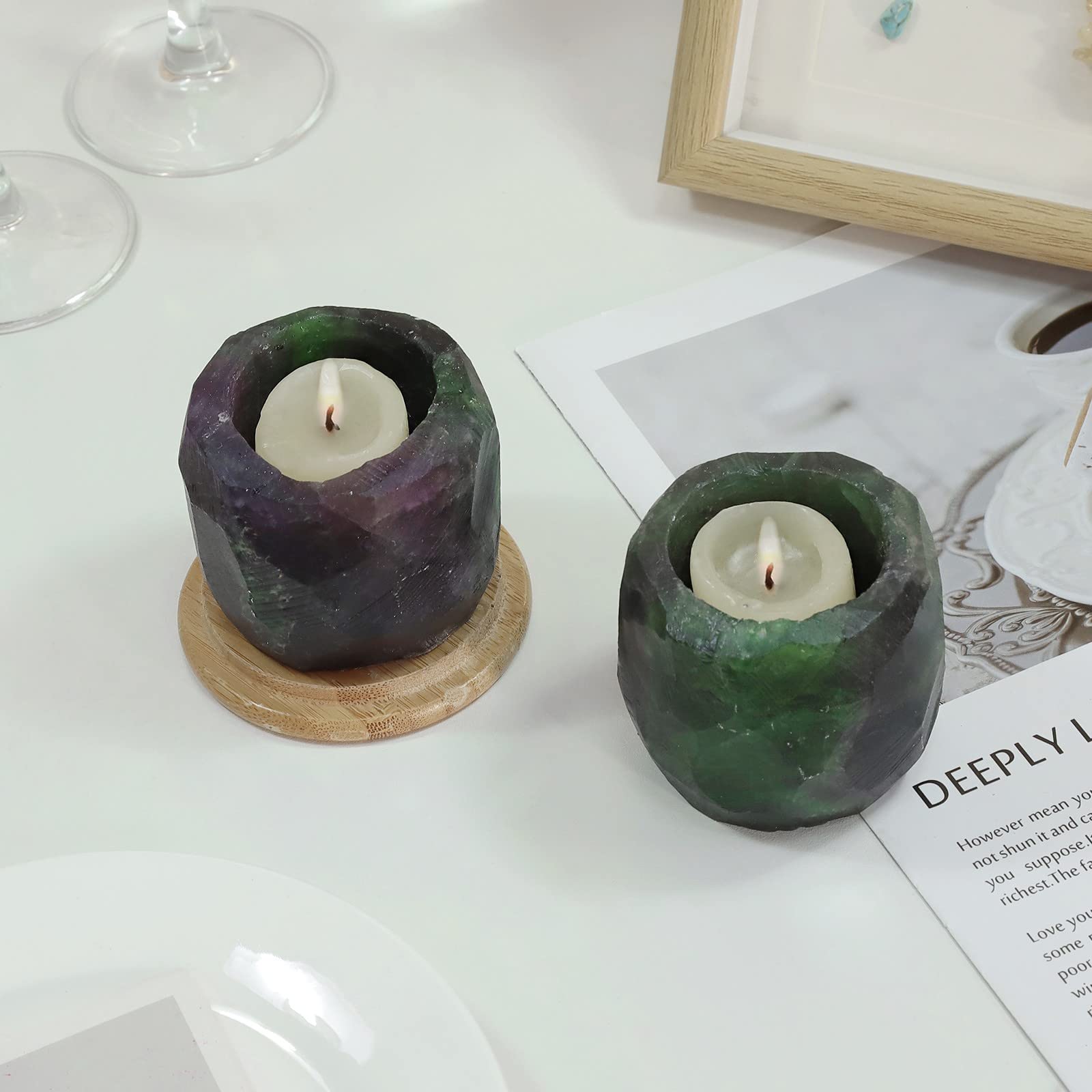 KYEYGWO Fluorite Natürlicher Oval Kristall Kerzenhalter Ornament, Heilung Stein Kerzenständer Polierte Edelstein Teelichthalter Modern Kerzenleuchter für Tischdeko Party Hochzeit Weihnachten