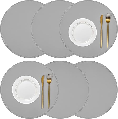 Juego de 6 manteles individuales, manteles individuales de 15 pulgadas, manteles individuales redondos de piel sintética, mantel de vinilo de doble