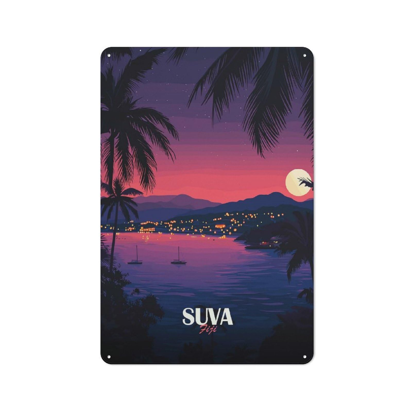 Junmoney Style-14 Suva Fiji Tropical Nightscape Illustration Metal Wall Art Sign 30X20cm, Vintage Old Style Wall Plaque For Living Room, Hallway, Kitchen Or Cafe