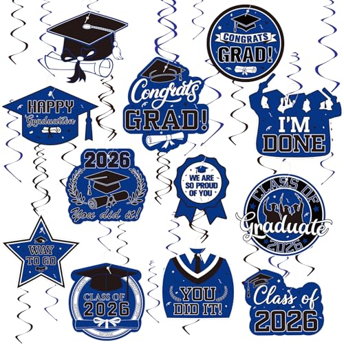 Image of Graduation Hanging Swirls Decorations, Blue and Black Graduation Party Decorations, 30PCS Class of 2026 Streamers Ornaments for Classroom Ceiling Office High School College Congrats Grad Party Favors