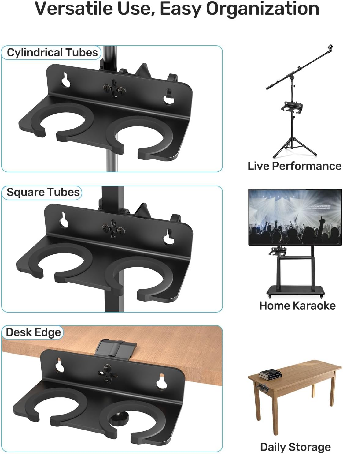 Multi Microphone Holder with Clamp (Aluminum/Rubber), Mount on Mic Stand & Desk Edge & Wall, Hold Up to 2 Wired/Wireless Handheld Mics, Ideal for Church, Street Performance, Home Studio, Karaoke