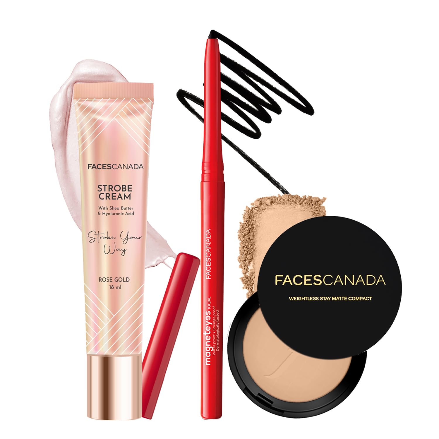 FACES CANADA Lumi Matte Shine Combo - Strobe Cream - Rose Gold (18 ml) + Magneteyes Kajal - Black (0.35 gm) + Weightless Stay Matte Compact Powder - Beige 03 (9 gm) | Flawless Glowy Finish | Hides Imperfections-image-17