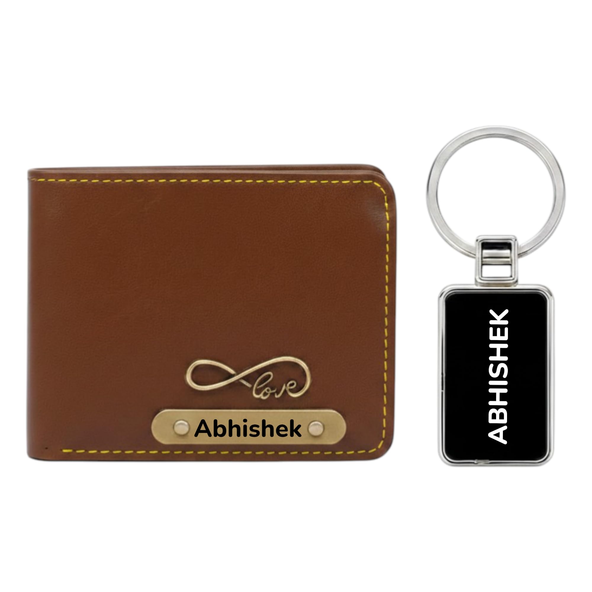 Men's Leather Wallet and Keychain Combo with Personalised Name and Logo on Wallet - Design 3, Brown-image-5