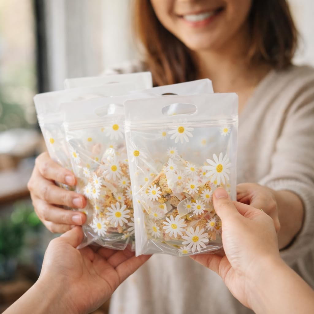 SATYAM KRAFT 50 Pcs Transparent Flower Printed Zip lock Box Pouches for Wedding Return gift bags Dry Fruits Storage, Festival Gifts Baby Shower and Theme Party Packing (Multicolour) (Flower Printed Zip lock Pouches) 4
