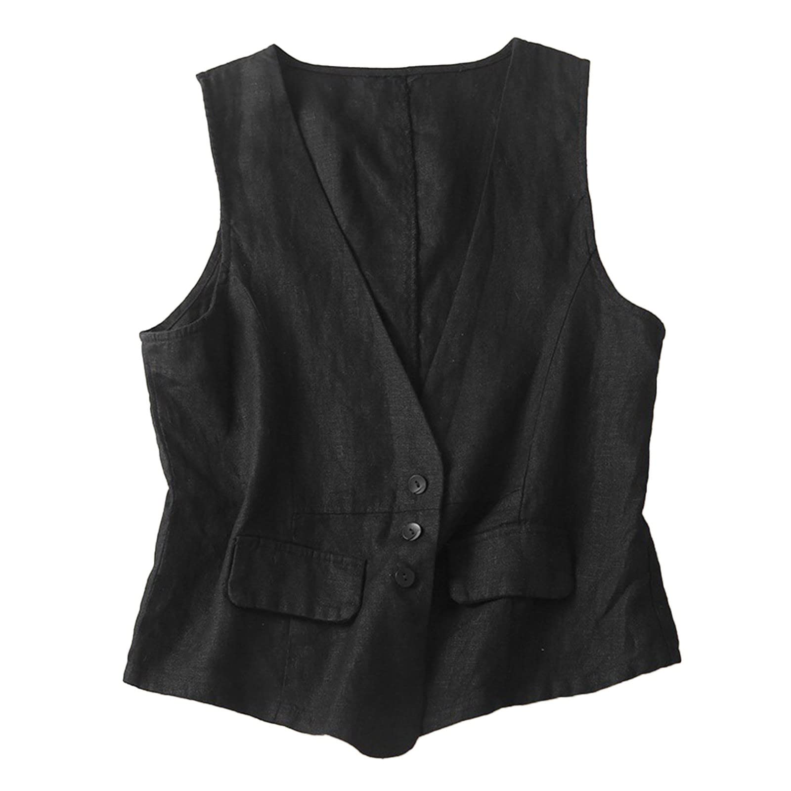 JiXiang Womens Vest Top Button Down Sleeveless V Neck Lightweight Business Jacket Waistcoat Linen Vintage Outerwear W Pockets