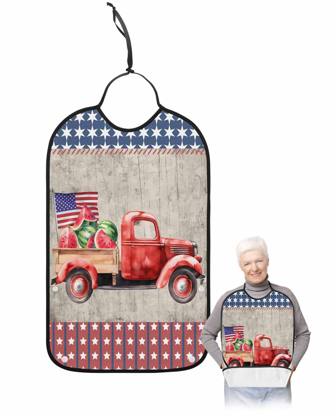 LEOKOTI 4th of July Adult Bibs for Eating, Waterproof Bibs with Food Catcher & Adjustable Snap Closure, Blue Red Plaid Truck Summer Watermelon Washable Clothing Protectors Adult Bibs for Elderly