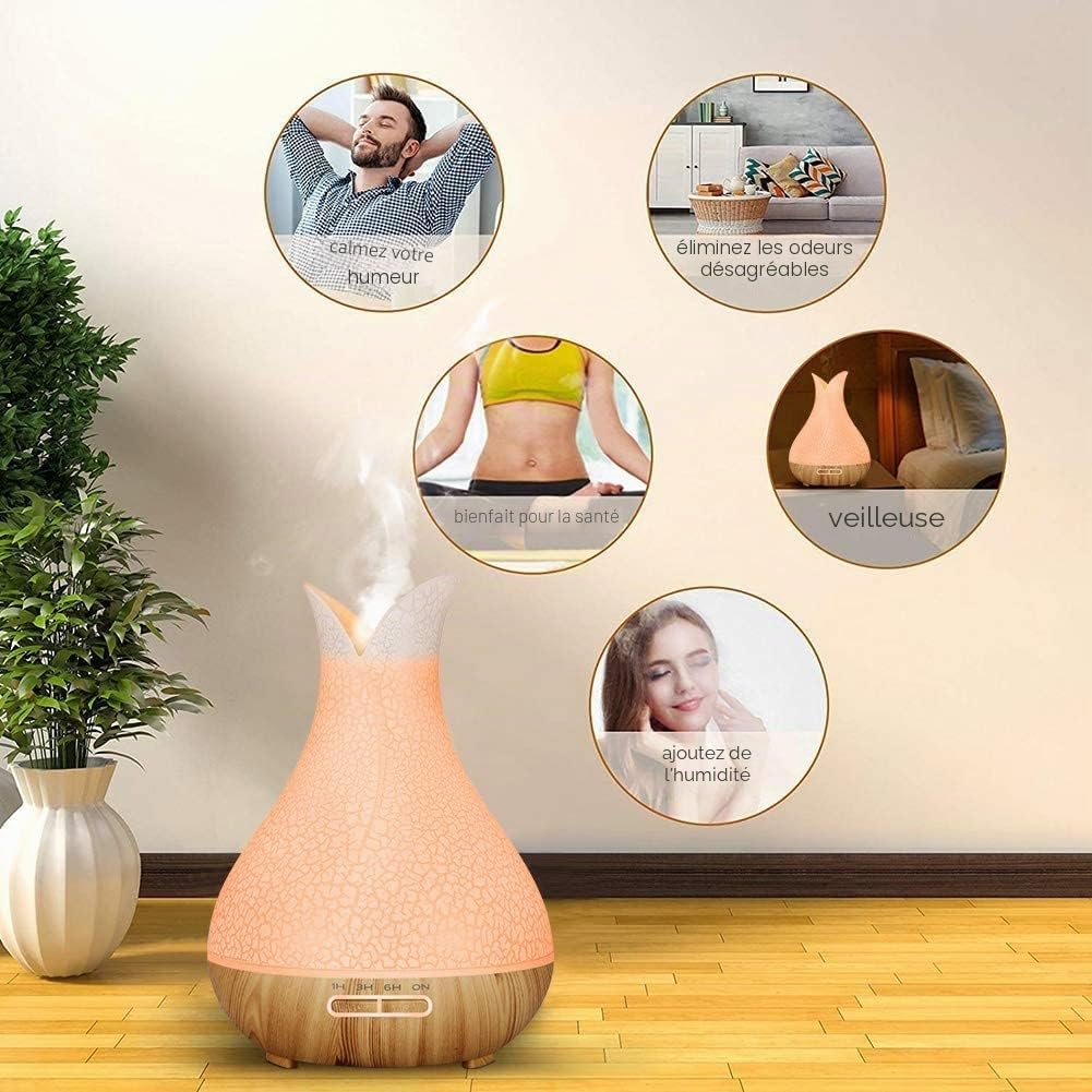 Diffuseur huiles essentielles 400ml, Diffuseur d'aromathérapie 4 minuteries, Humidificateur d'air sans Eau - Arrêt Automatique, 7 LED Couleur diffuseur Parfum Maison