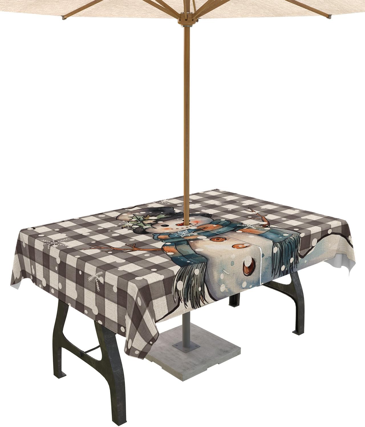 Winter Snowman Outdoor Rectangle Tablecloth with Umbrella Hole 54x80, Wrinkle Free Wipeable Fabric Table Cloth Waterproof Zippered Cover for Camping Picnic Patio Party, Cottage Christmas Snowy Tree