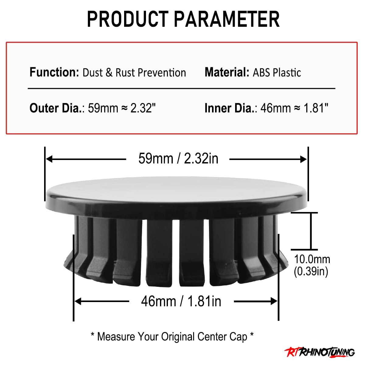 RTrhinoTuning 4pcs 59mm Wheel Center Caps Compatible with 2005-2017 Chevy Impala Equinox Malibu Camaro Volt Grand Am WS-6 for Wheel Rim Center Cover OD:2.33"/59mm ID:1.81"/46mm Black Base