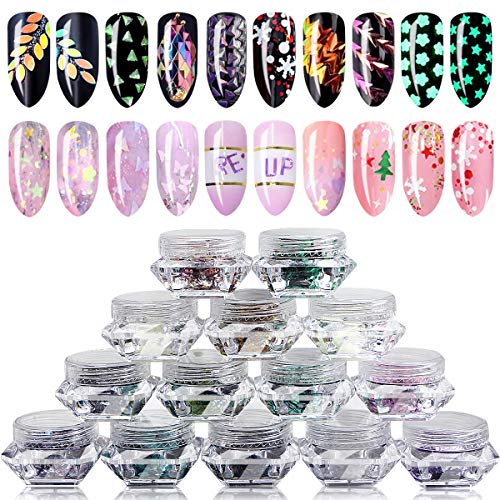 14 Pots Holographic Nail Glitter Sequins Mixed Paillettes-3D Mermaid Rose Gold Prismatic Glitter Butterfly Nail Glitter 26 Letters Sequins Snowflake For DIY Nail Art Decoration With Tools(21 Pieces)