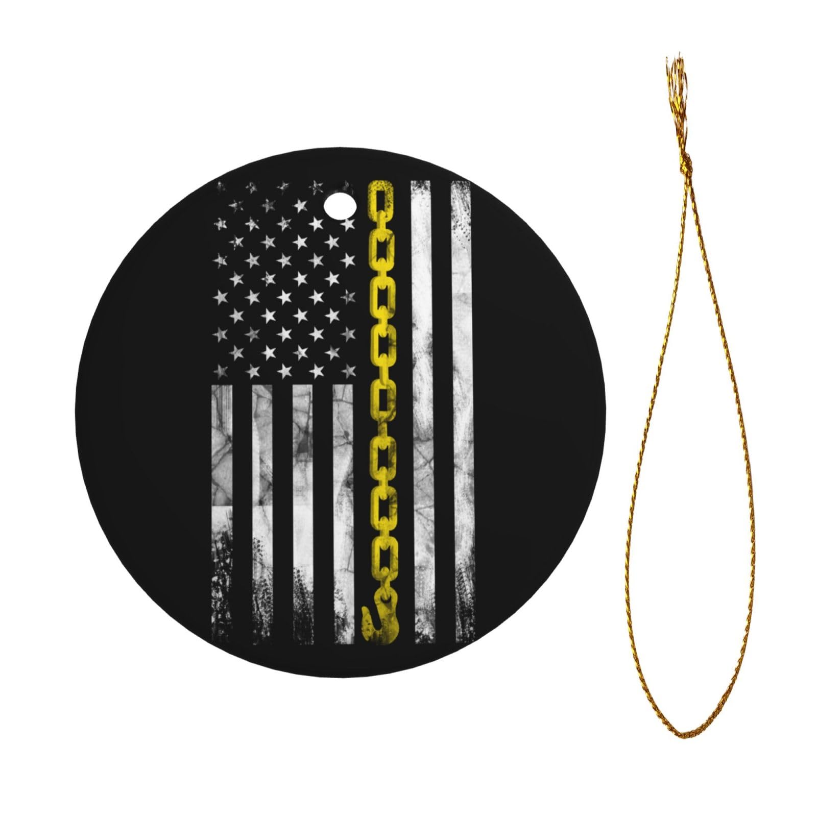 Joisbs Holiday Ceramic Ornament, USA Yellow Thin Line Hook Tow Truck American Driver, Double-Sided Round Pendant, Ideal Christmas Decoration