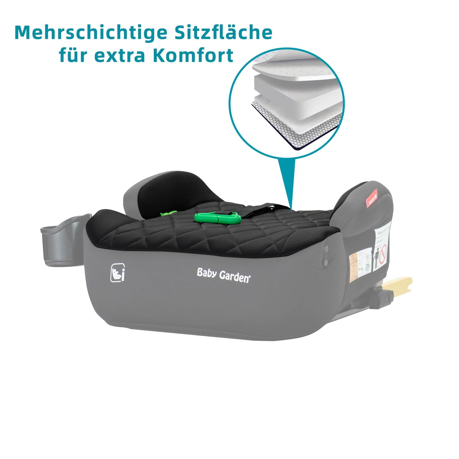 Baby Garden Kindersitzerhöhung mit ISOFIX, 125-150 cm (22–36 kg), Gruppe 2 und 3, mit Armlehnen, Getränkehalter & Gurt-Nackenschutz - i-Size geprüft - Schwarz
