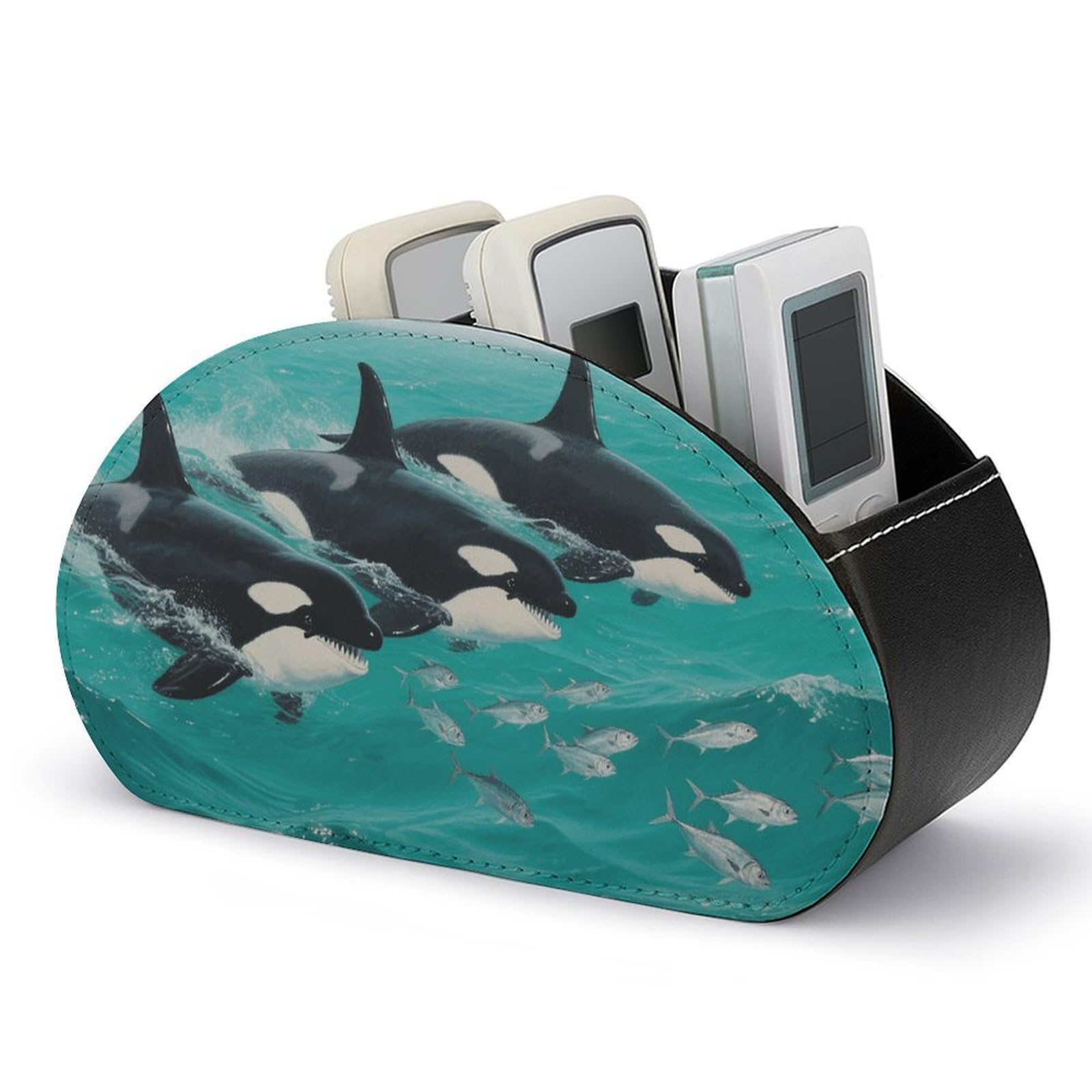VstaDank - Remote Control Holder for Underwater Whales PU Leather Multifunctional Office Organizer Brush Holder Desktop Storage with 5 Compartments Box