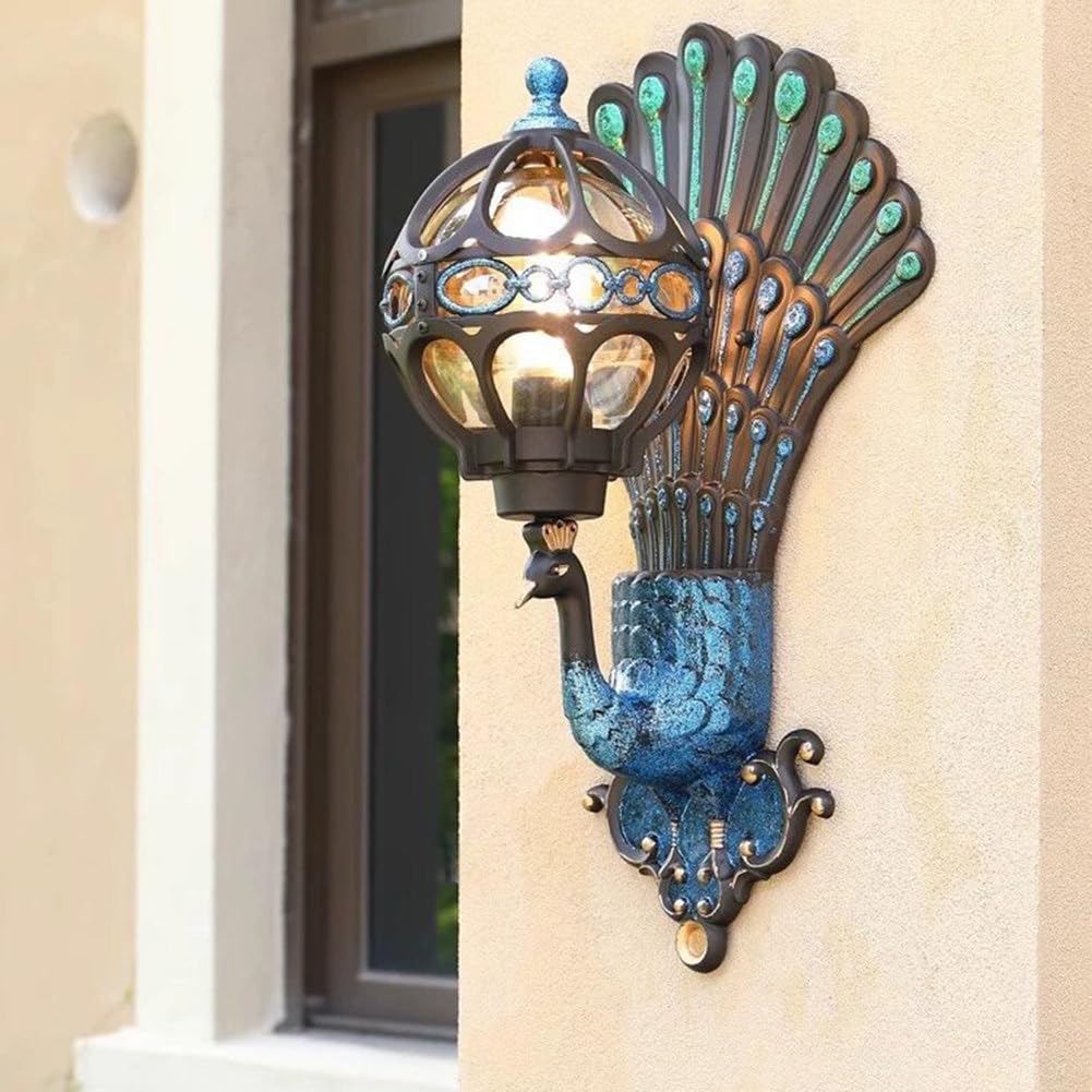 LOGT Outdoor Wall Lights Coloured Peacock Waterproof Wall Lamp Glass and Aluminium Outdoor Wall Sconce E27 Animal Decor Outdoor Night Light Ball Glass Lampshade Hallway Lighting Indoor for Living