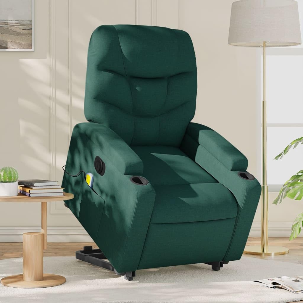 Sillón elevador eléctrico con masaje de tejido verde oscuro con 6 puntos de vibración y reclinación de 135 grados, función de elevación eléctrica, asiento acolchado,