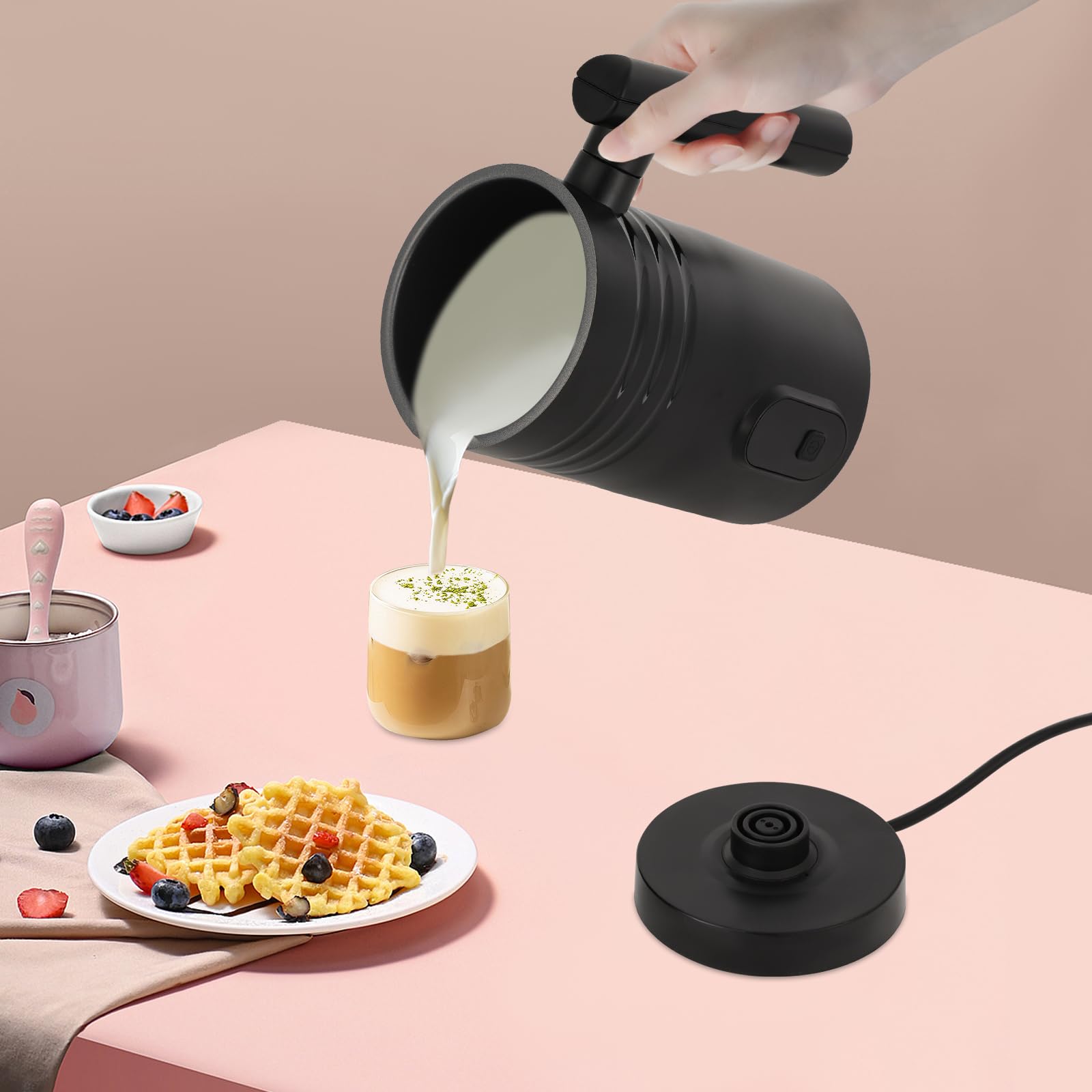 Espumador de leche eléctrico 4 en 1 con control de un solo clic, espumador de leche automático de 400 W con cepillo, apagado automático, silencioso, para espuma de leche caliente y fría, chocolate