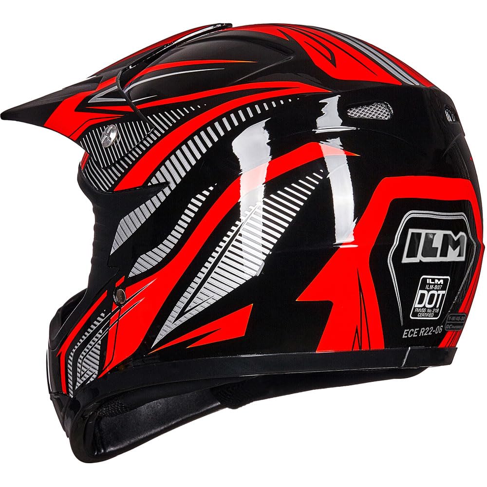 ILM Dziecięcy kask motocyklowy Cross Dirt Bike dla chłopców i dziewcząt, uniseks, homologacja ECE22.06 Full Face Off Road ATV Enduro MTB z rękawicami Gogle Model B07, czarny czerwony, XL
