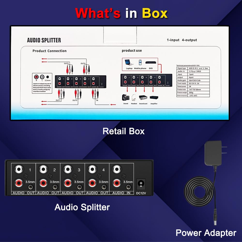 Divisor de audio auxiliar de 3,5 mm + RCA L/R, 1 entrada y 4 salidas, caja distribuidora de audio analógico estéreo