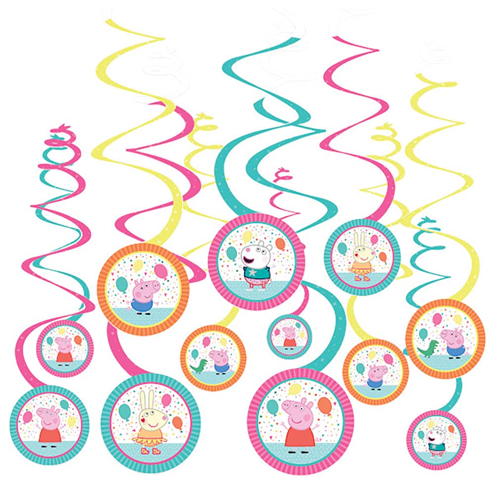 Peppa Pig Confetti Party Spiral Hanging Decorations - Pack of 12 - Vibrant Foil & Cardboard, Perfect for Kids' Themed Celebrations
